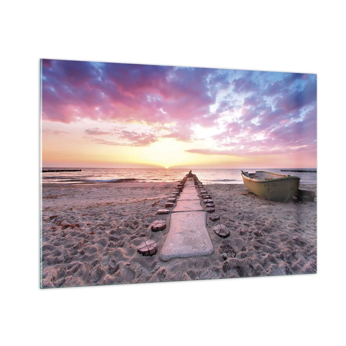 Quadro su vetro - Spiaggia al tramonto con barca e molo - 100x70cm - Un momento profondo - Decorazione murale moderna per soggiorno e camera da letto ARTTOR