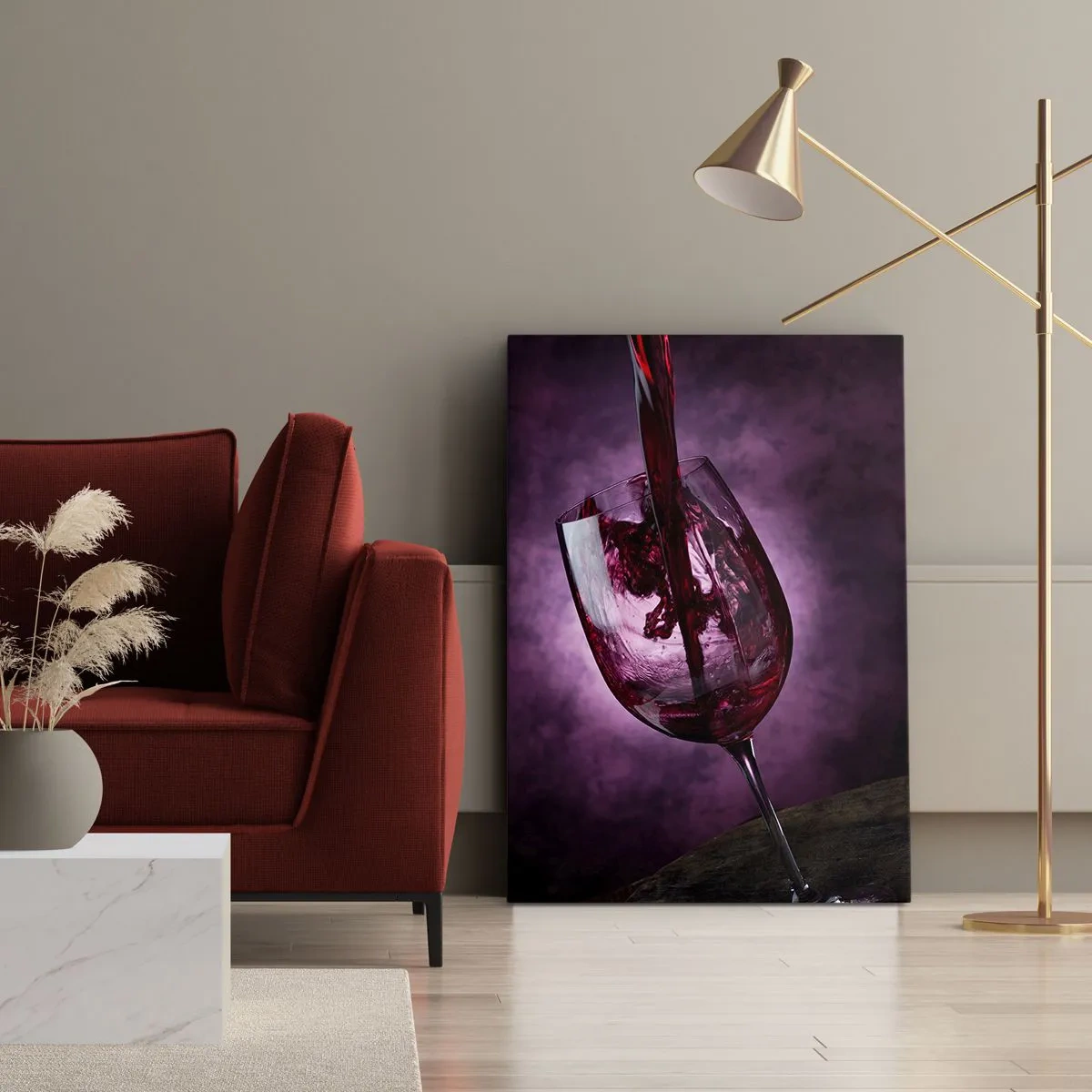Quadro su tela - Stampe su Tela - Vino rosso versato in un bicchiere su uno sfondo di fumo viola - 50x70cm - Scarlatto? Carminio? No, rubino - Decorazione murale moderna per soggiorno e camera da letto ARTTOR