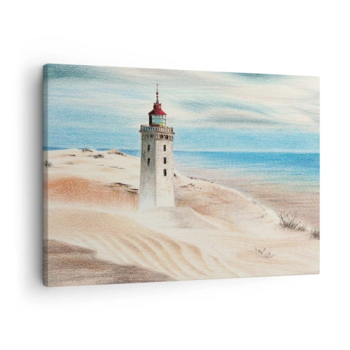 Quadro su tela - Stampe su Tela - Un faro circondato da dune di sabbia e un cielo azzurro - 70x50cm - Sempre guardando il mare - Decorazione murale moderna per soggiorno e camera da letto ARTTOR