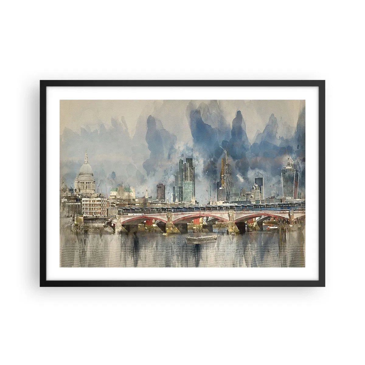 Poster in cornice nera - Vista ad acquerello del ponte e dello skyline della città - 70x50cm - Londra in tutta la sua bellezza - Decorazione murale moderna per soggiorno e camera da letto ARTTOR