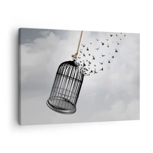 Quadro su tela - Stampe su Tela - Uccelli che volano fuori da una gabbia contro il cielo - 70x50cm - Fede... Speranza... Libertà! - Decorazione murale moderna per soggiorno e camera da letto ARTTOR