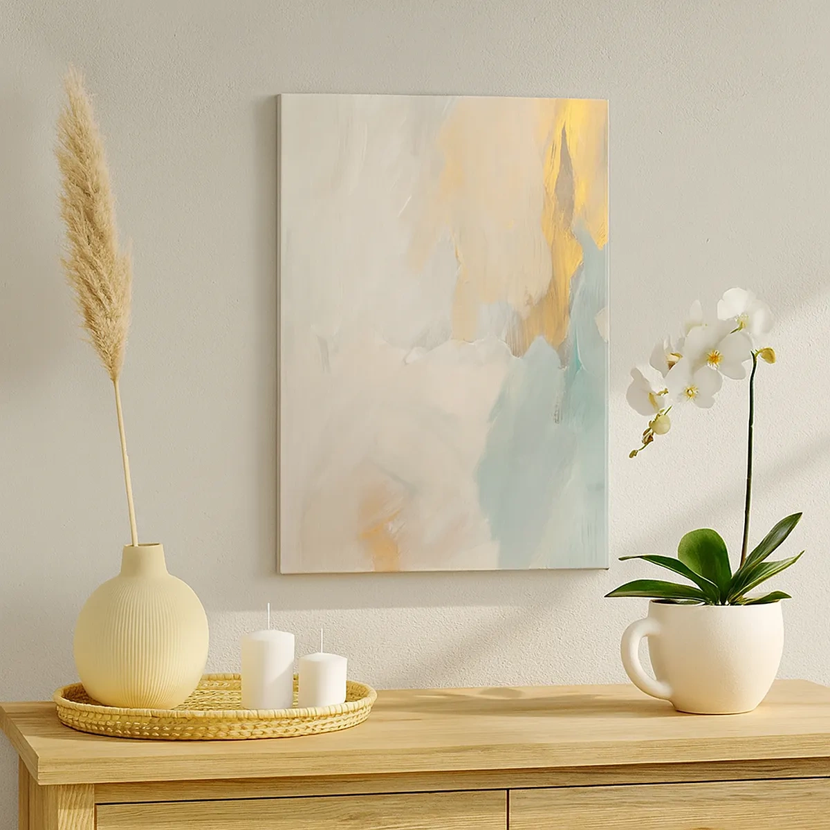 Quadro su tela - Stampe su Tela - Delicati tratti astratti nei toni del bianco e dell'oro - 50x70cm - Astrazione: il paese della mitezza - Decorazione murale moderna per soggiorno e camera da letto ARTTOR