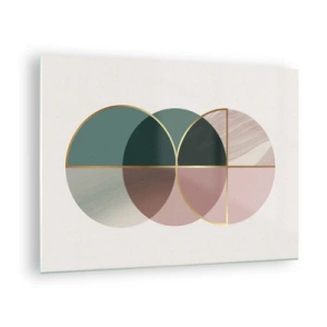 Quadro su vetro - Forme geometriche con sfumature di verde e rosa su uno sfondo chiaro - 70x50cm - Un cerchio dietro l'altro... - Decorazione murale moderna per soggiorno e camera da letto ARTTOR