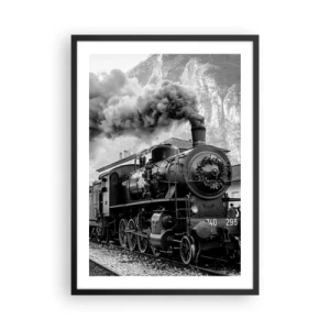 Poster in cornice nera - Una locomotiva a vapore con vapore crescente in un ambiente montuoso - 50x70cm - Ferma alla stazione... - Decorazione murale moderna per soggiorno e camera da letto ARTTOR