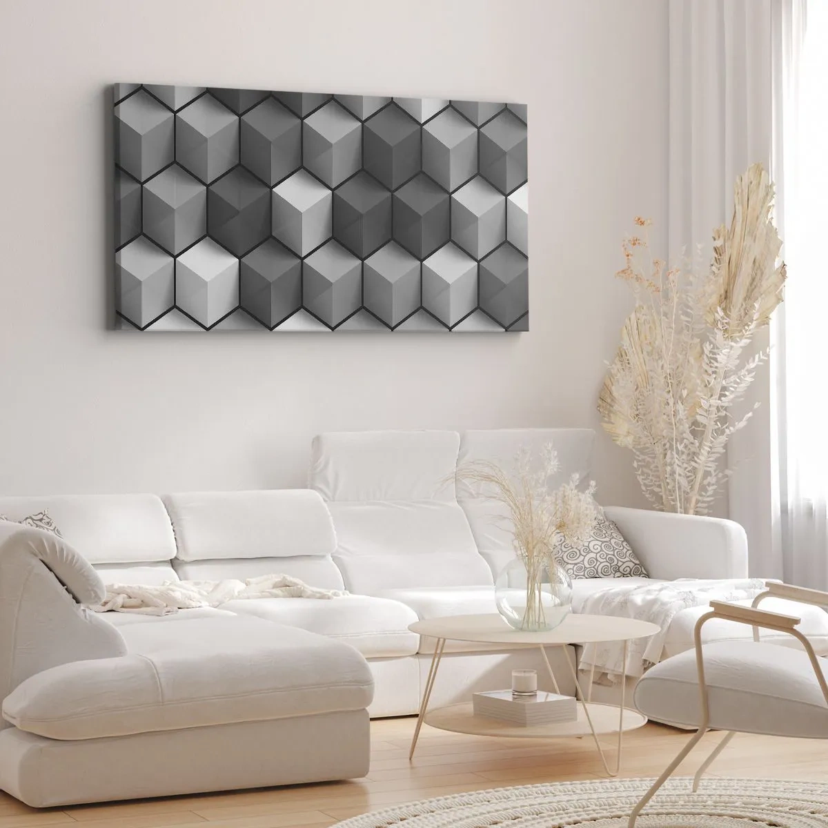 Quadro su tela - Stampe su Tela - Composizione geometrica di cubi nelle tonalità del grigio e del nero - 160x50cm - Puzzle cubista - Decorazione murale moderna per soggiorno e camera da letto ARTTOR