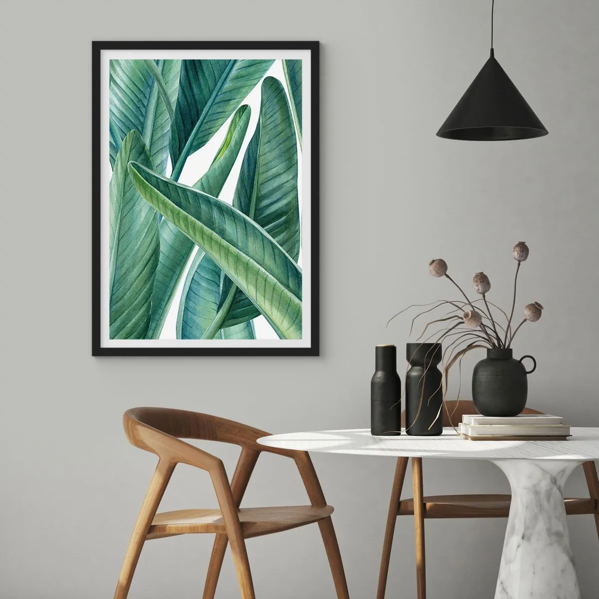 Poster in cornice nera - Foglie di banano verde in stile acquerello - 50x70cm - Il verde in sé - Decorazione murale moderna per soggiorno e camera da letto ARTTOR
