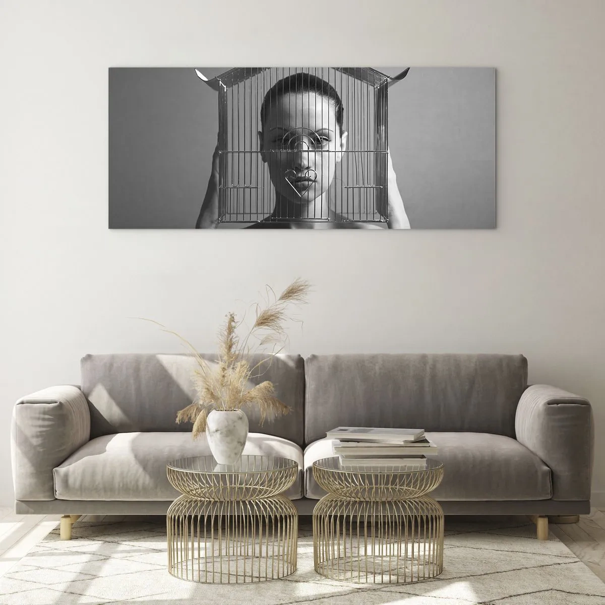 Quadro su vetro - Donna dietro una gabbia in stile surreale - 120x50cm - Ritratto un po' surreale - Decorazione murale moderna per soggiorno e camera da letto ARTTOR