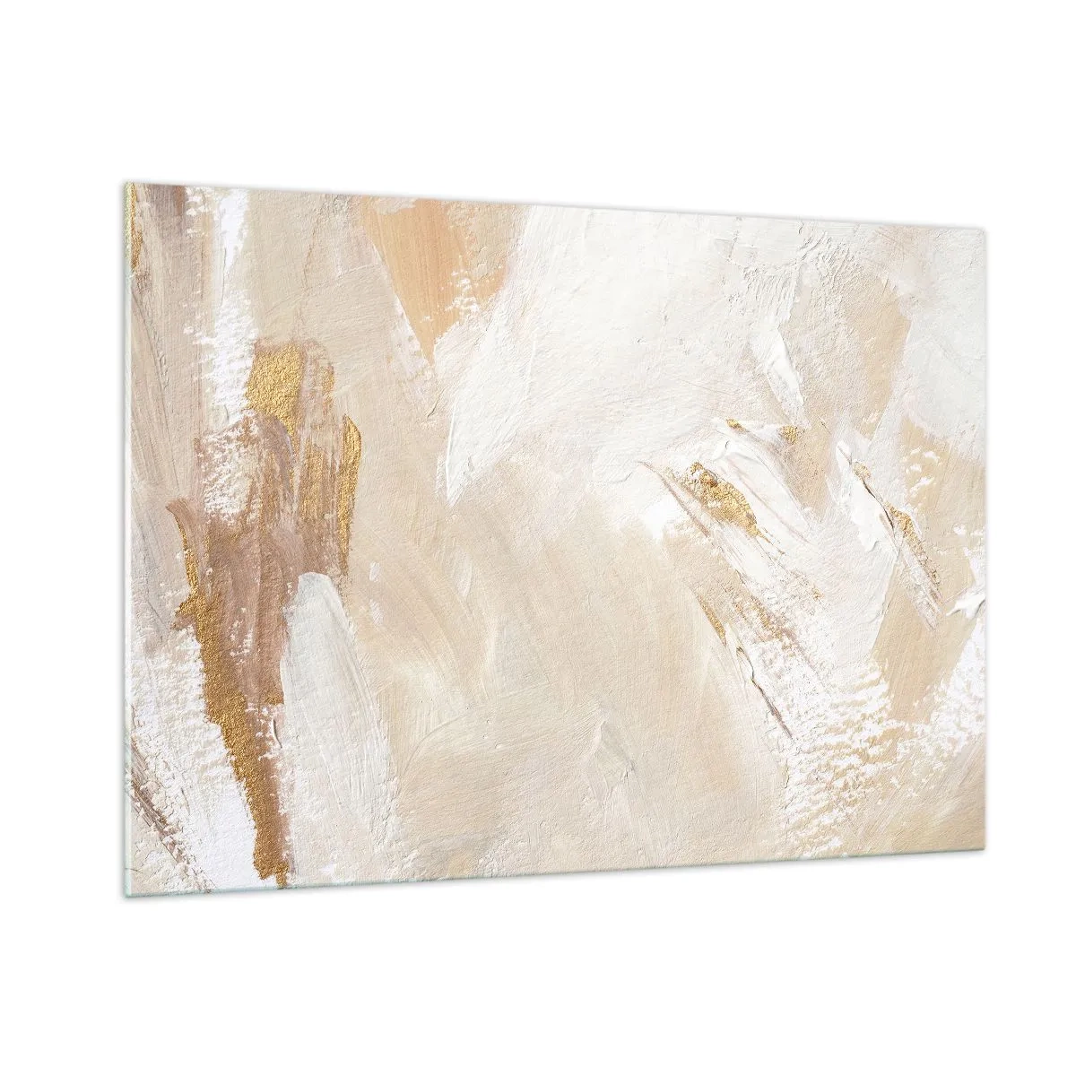 Quadro su vetro - Astrazione beige e bianca con accenti dorati - 100x70cm - Composizione pastello - Decorazione murale moderna per soggiorno e camera da letto ARTTOR
