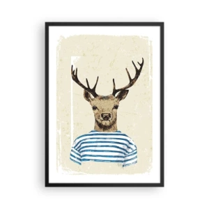 Poster in cornice nera - Immagine di un cervo in abiti da marinaio - 50x70cm - Mi piacciono le camicie a righe! - Decorazione murale moderna per soggiorno e camera da letto ARTTOR