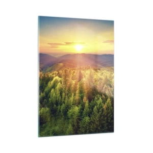 Quadro su vetro - Tramonto su una foresta di montagna con vista sulle valli - 50x70cm - Vette e cime - Decorazione murale moderna per soggiorno e camera da letto ARTTOR