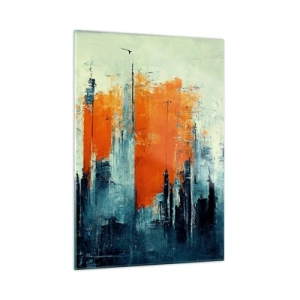 Quadro su vetro - Un panorama urbano moderno nei toni del grigio e dell'arancione - 50x70cm - Paesaggio moderno - Decorazione murale moderna per soggiorno e camera da letto ARTTOR