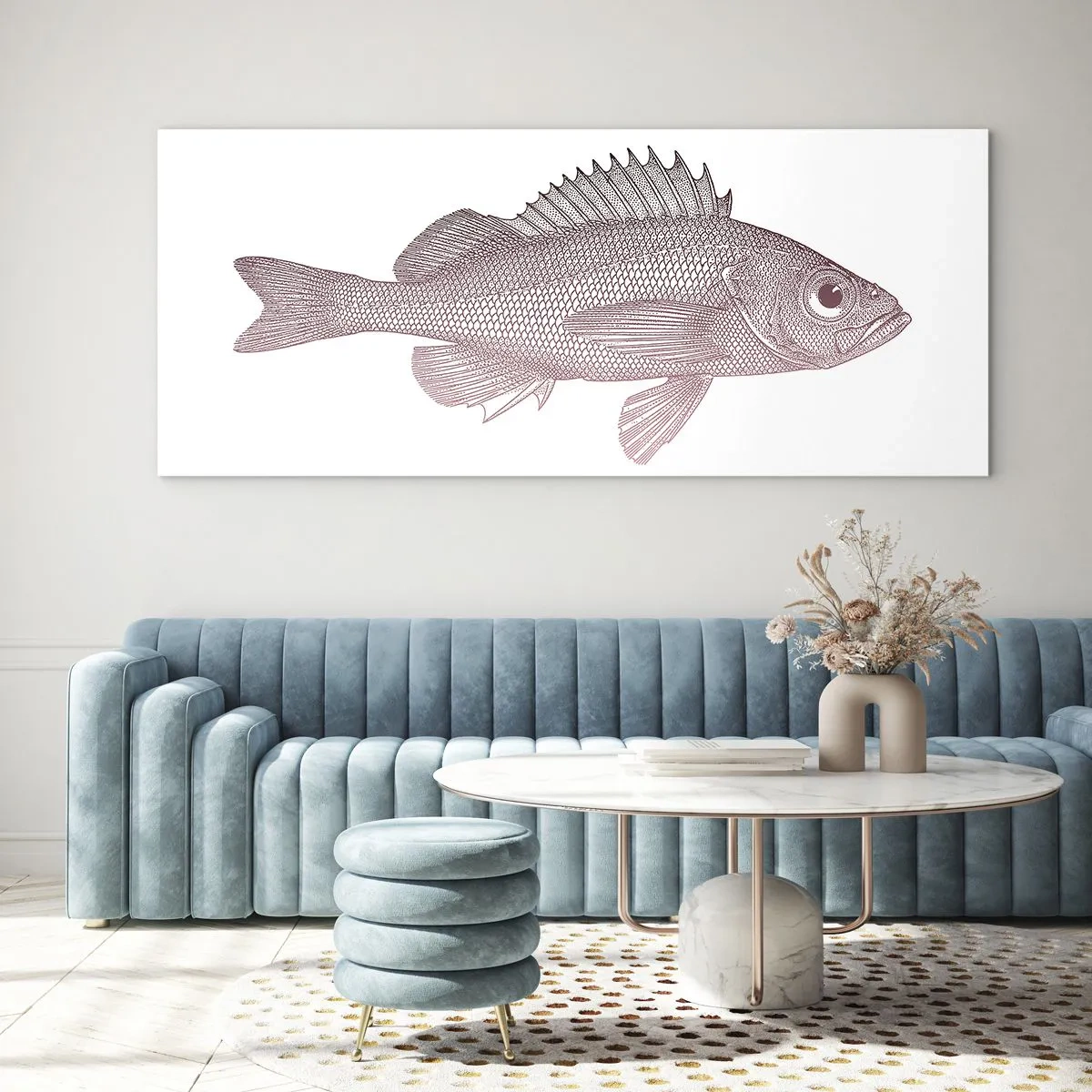 Quadro su vetro - Illustrazione dettagliata di un pesce su sfondo bianco - 140x50cm - Il pesce dagli occhi enormi - Decorazione murale moderna per soggiorno e camera da letto ARTTOR