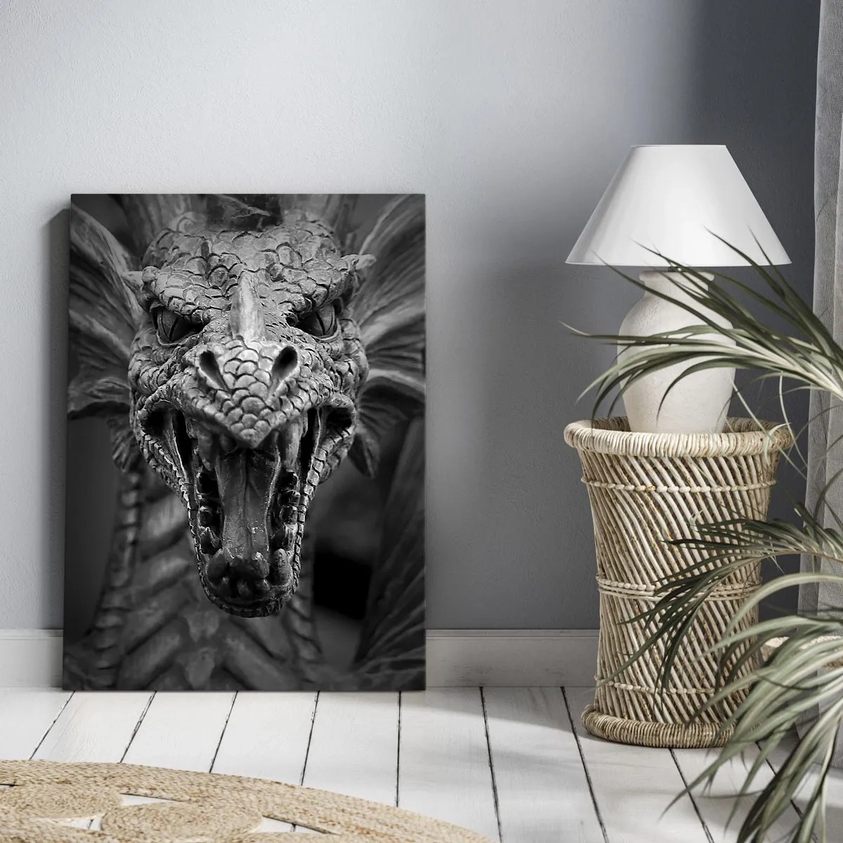 Quadro su tela - Stampe su Tela - Drago favoloso in grigio - 45x80 cm
