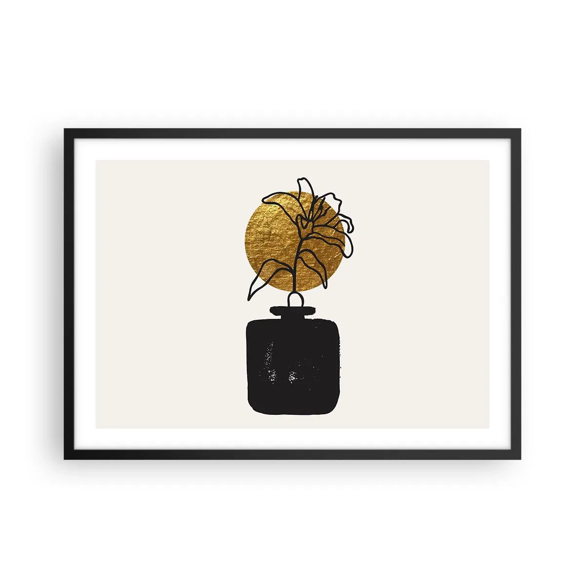 Poster in cornice nera - Un disegno di un fiore in un vaso su uno sfondo di cerchi dorati - 70x50cm - Bellezza a peso d'oro - Decorazione murale moderna per soggiorno e camera da letto ARTTOR