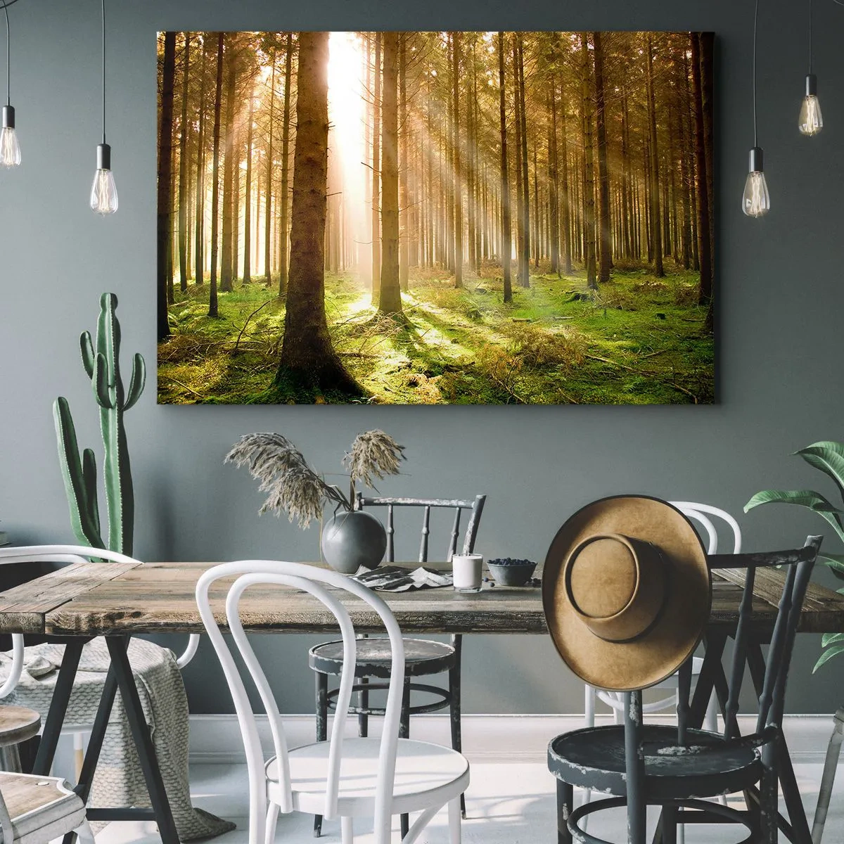 Quadro su tela - Stampe su Tela - Foresta di conifere con raggi di sole che brillano attraverso gli alberi - 70x50cm - Adesso appaiono gli elfi - Decorazione murale moderna per soggiorno e camera da letto ARTTOR