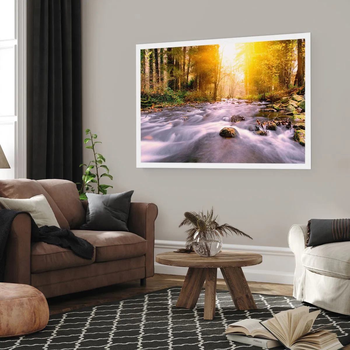 Poster - Un ruscello nella foresta illuminato dai raggi del sole - 100x70cm - Malachite in cornice oro-argento - Decorazione murale moderna per soggiorno e camera da letto ARTTOR