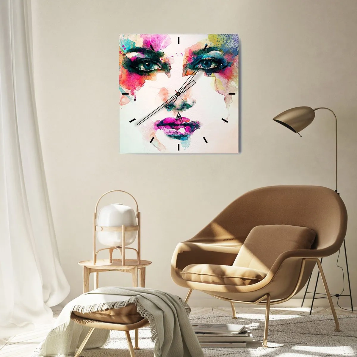 Orologio da parete - Orologio in Vetro - Ritratto astratto di una donna dai colori intensi - 30x30cm - Un ritratto dipinto dall'arcobaleno - Decorazione murale moderna per soggiorno e camera da letto ARTTOR