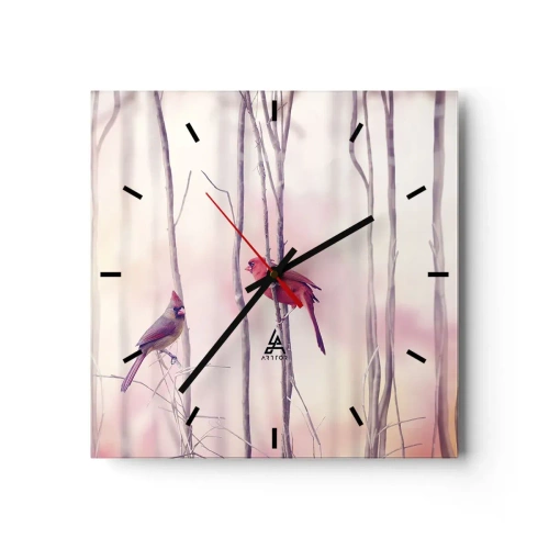 Orologio da parete - Orologio in Vetro - Una coppia di cardinali appollaiati sui rami in un paesaggio pastello - 30x30cm - Il racconto del bosco rosa - Decorazione murale moderna per soggiorno e camera da letto ARTTOR