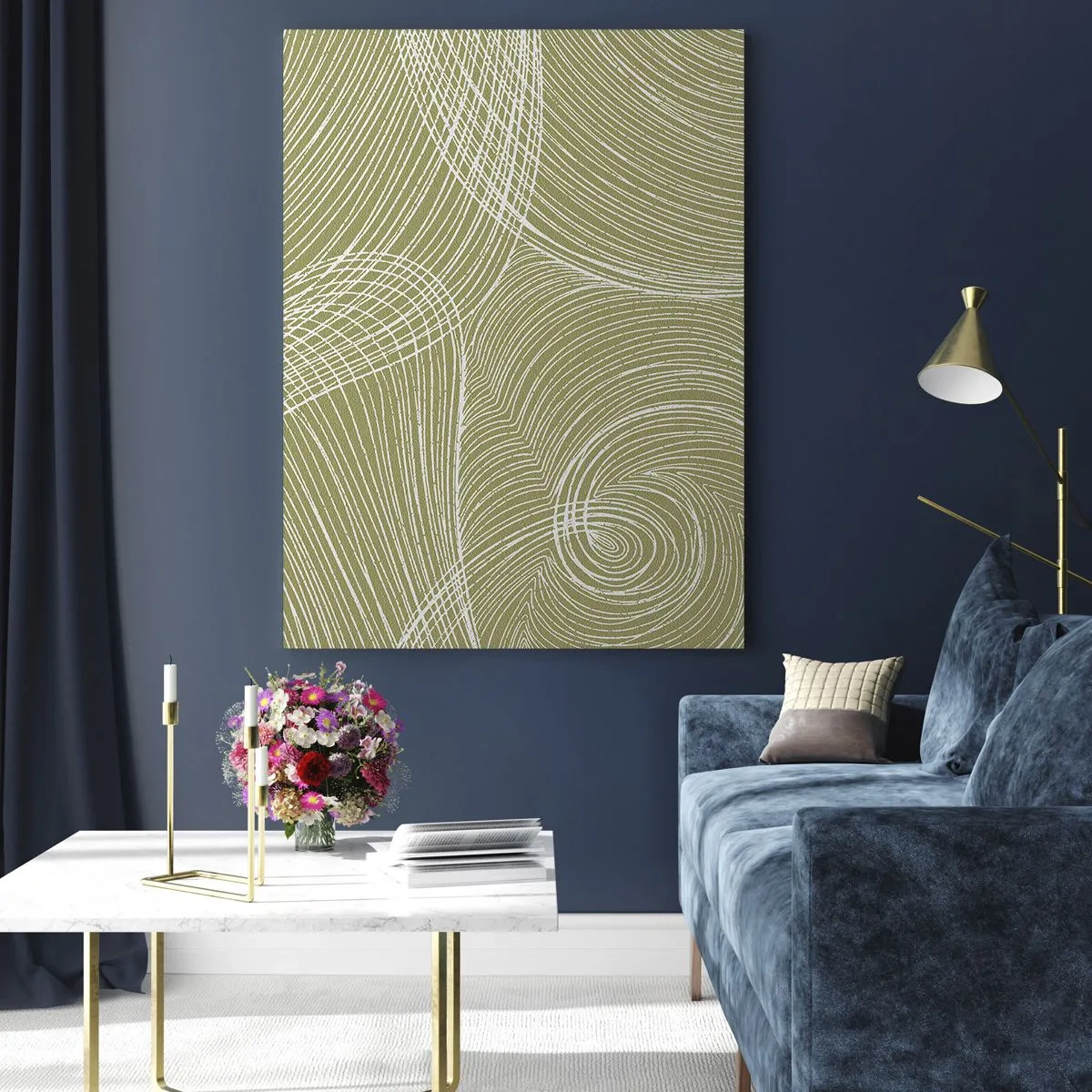 Quadro su vetro - Le linee bianche formano una struttura complessa su uno sfondo verde oliva. - 50x70cm - Astrazione intricata in bianco - Decorazione murale moderna per soggiorno e camera da letto ARTTOR