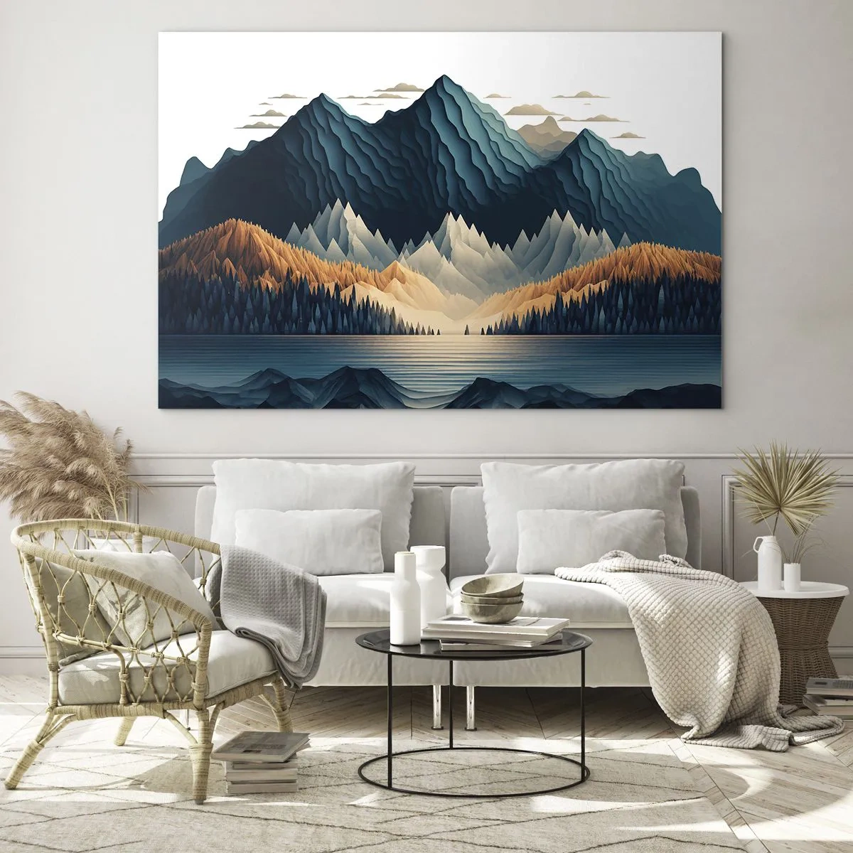 Quadro su vetro - Paesaggio montano stilizzato con una foresta e un lago - 120x80cm - Perfetto paesaggio montano - Decorazione murale moderna per soggiorno e camera da letto ARTTOR