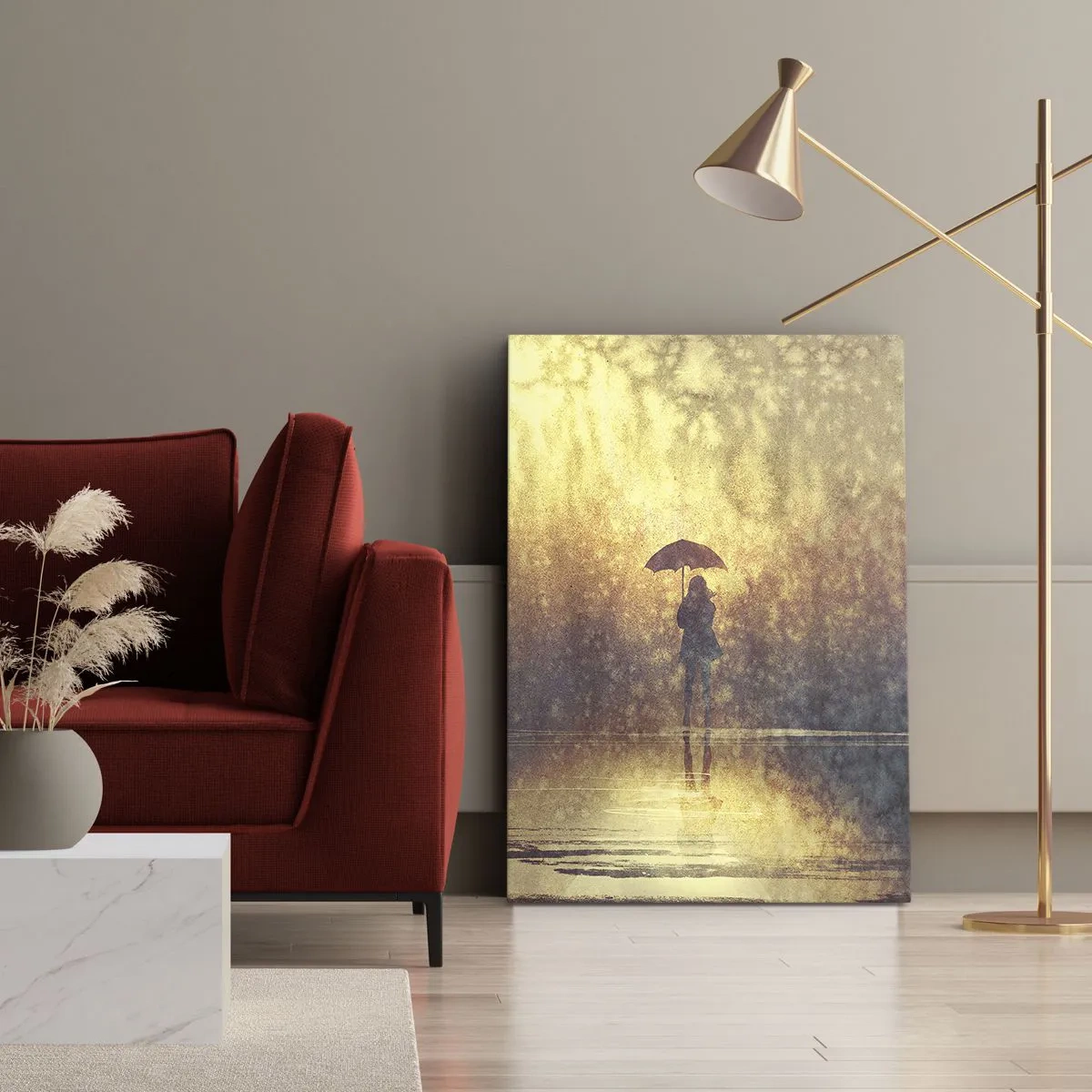 Quadro su tela - Stampe su Tela - Una figura con un ombrello in un paesaggio nebbioso pieno di riflessi - 70x100cm - Sento che qualcuno mi guarda - Decorazione murale moderna per soggiorno e camera da letto ARTTOR