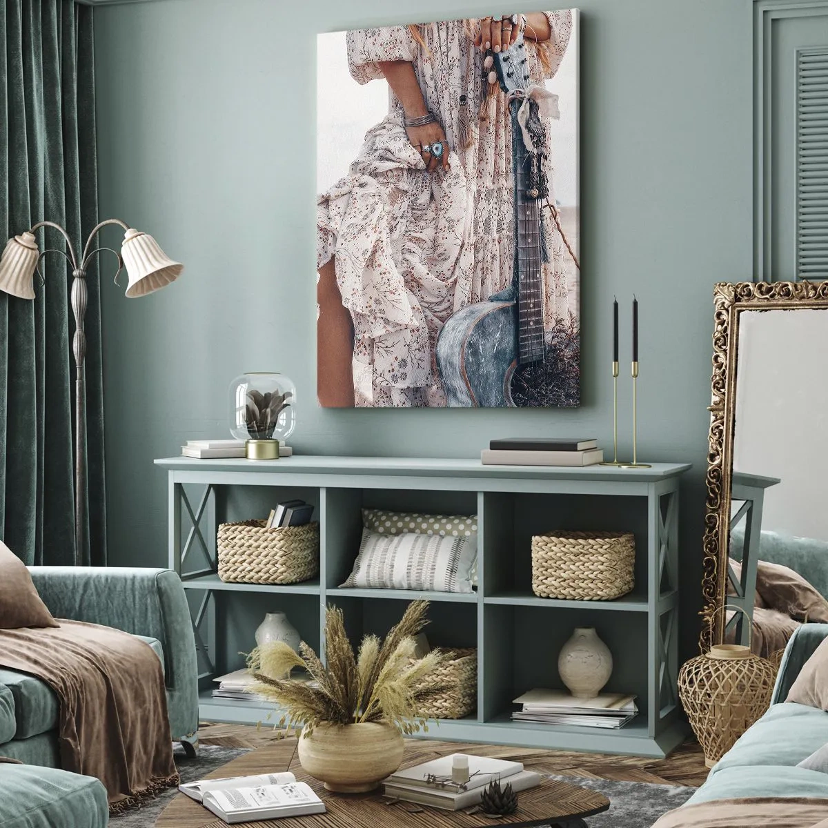 Quadro su tela - Stampe su Tela - Donna in stile boho con chitarra sulla spiaggia - 50x70cm - Figli dei fiori in cammino - Decorazione murale moderna per soggiorno e camera da letto ARTTOR