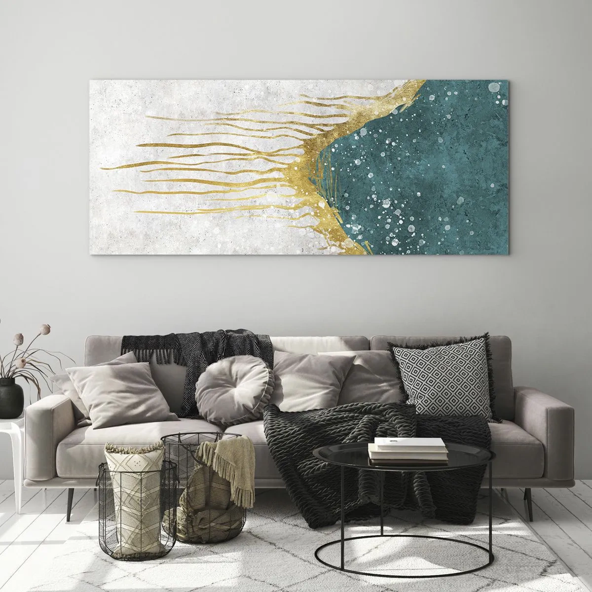 Quadro su vetro - Una composizione astratta nei toni dell'oro e del turchese - 140x50cm - Flusso dorato - Decorazione murale moderna per soggiorno e camera da letto ARTTOR