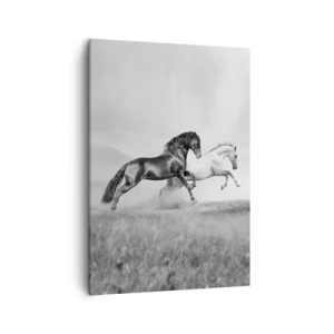 Quadro su tela - Stampe su Tela - Due cavalli al galoppo in una composizione dinamica in bianco e nero - 50x70cm - Angeli e demoni - Decorazione murale moderna per soggiorno e camera da letto ARTTOR