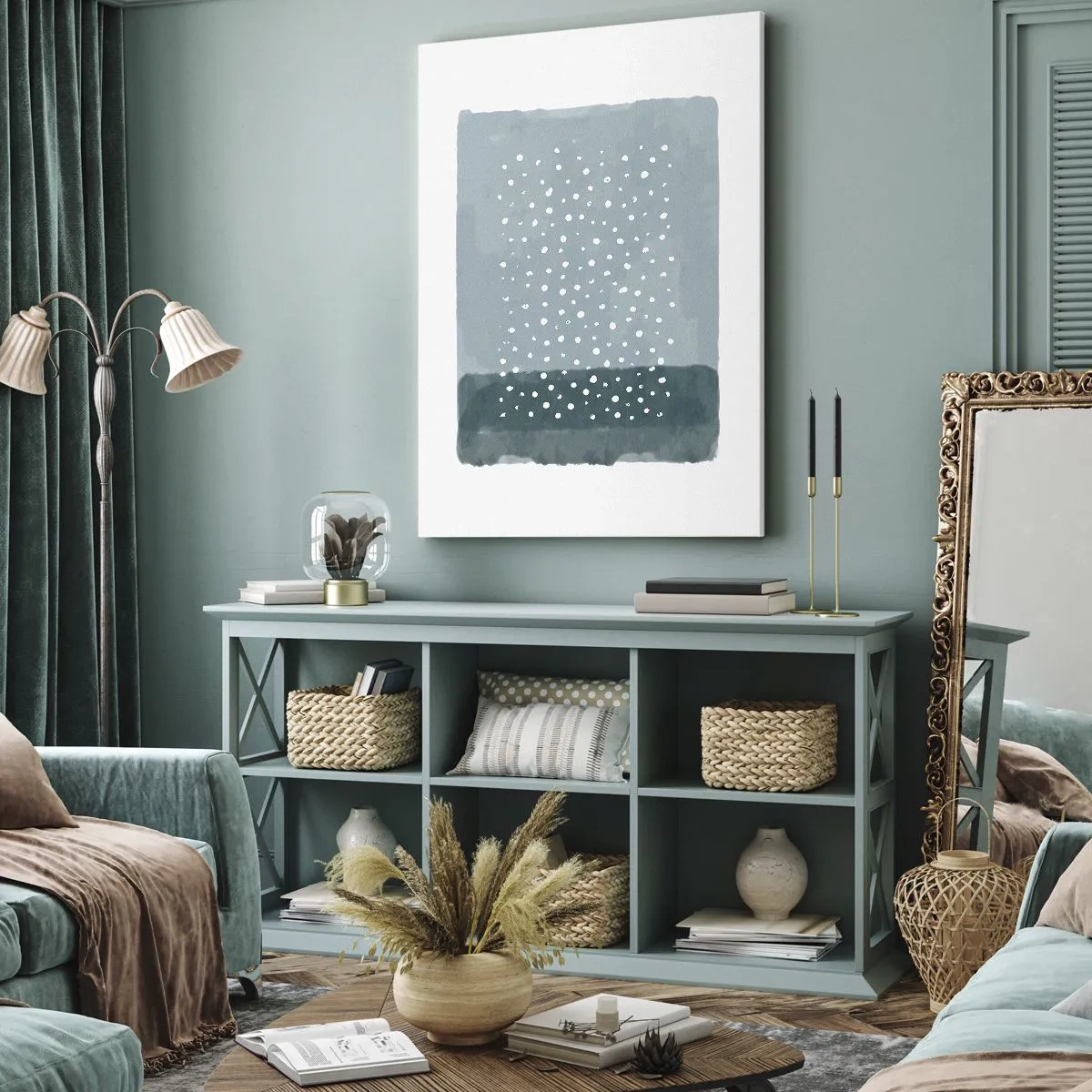 Quadro su tela - Stampe su Tela - Un dipinto minimalista nei toni del blu con puntini - 50x70cm - Spuntate nel blu - Decorazione murale moderna per soggiorno e camera da letto ARTTOR