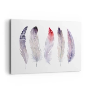 Quadro su tela - Stampe su Tela - Cinque delicate piume in tonalità pastello su uno sfondo chiaro - 120x80cm - Delicate come una nebbia multicolore - Decorazione murale moderna per soggiorno e camera da letto ARTTOR