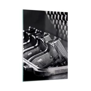 Quadro su vetro - Pistole nere in una custodia su uno sfondo di schiuma protettiva - 50x70cm - Sport maschile - Decorazione murale moderna per soggiorno e camera da letto ARTTOR