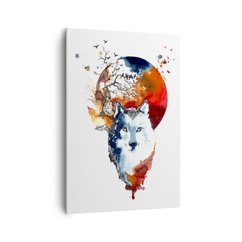 Quadro su tela - Stampe su Tela - Dipinto astratto ad acquerello di un lupo contro una luna rossa - 70x100cm - Naso a naso con la notte - Decorazione murale moderna per soggiorno e camera da letto ARTTOR
