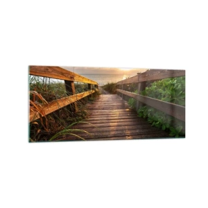 Quadro su vetro - Molo di legno che conduce alla spiaggia al tramonto - 120x50cm - Dritto verso la riva - Decorazione murale moderna per soggiorno e camera da letto ARTTOR