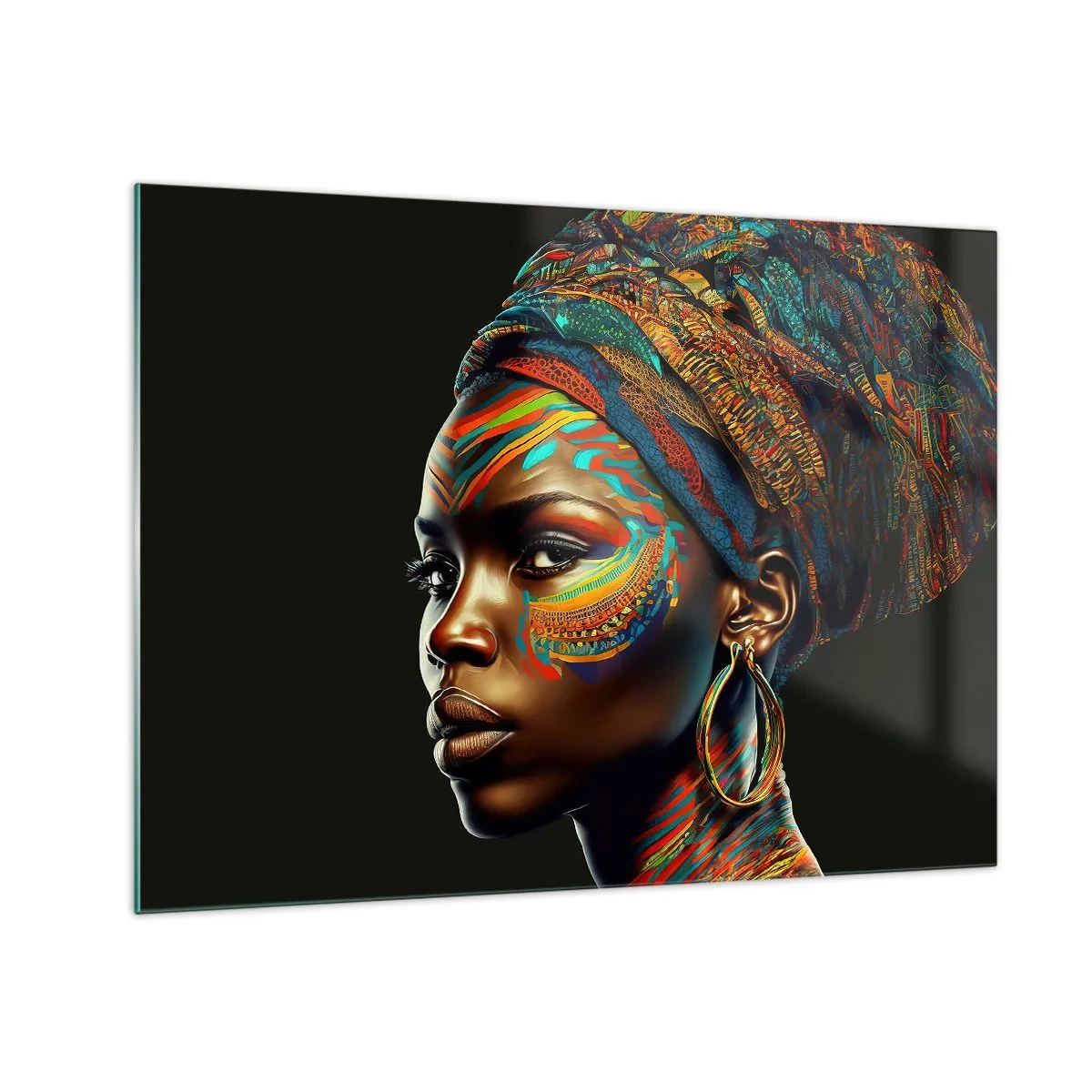 Quadro su vetro - Ritratto di una donna con pittura colorata e turbante - 70x50cm - Regina africana - Decorazione murale moderna per soggiorno e camera da letto ARTTOR