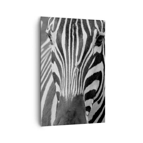 Quadro su tela - Stampe su Tela - Primo piano in bianco e nero di una zebra con le sue strisce distintive. - 80x120cm - Il mondo è in bianco e nero - Decorazione murale moderna per soggiorno e camera da letto ARTTOR