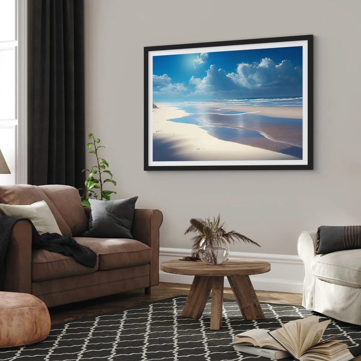 Poster in cornice nera - Una spiaggia sabbiosa con onde sotto un cielo azzurro - 100x70cm - Vacanze in paradiso - Decorazione murale moderna per soggiorno e camera da letto ARTTOR