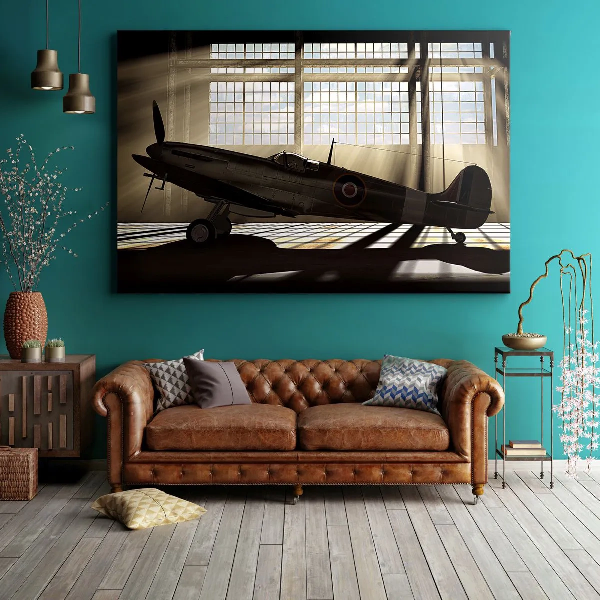 Quadro su tela - Stampe su Tela - Un aereo storico in un hangar illuminato dalla luce del sole - 100x70cm - Il riposo del guerriero - Decorazione murale moderna per soggiorno e camera da letto ARTTOR