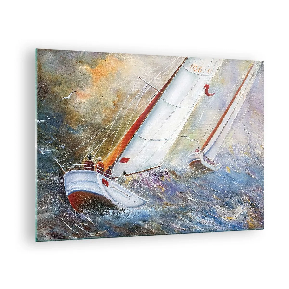 Quadro su vetro - Barche a vela in mare agitato durante una regata - 70x50cm - Correndo sulle onde - Decorazione murale moderna per soggiorno e camera da letto ARTTOR