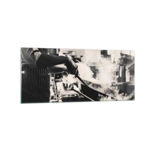 Quadro su vetro - Uno chef al lavoro in cucina con il vapore che esce da una padella - 120x50cm - L'alchimia dei sapori - Decorazione murale moderna per soggiorno e camera da letto ARTTOR