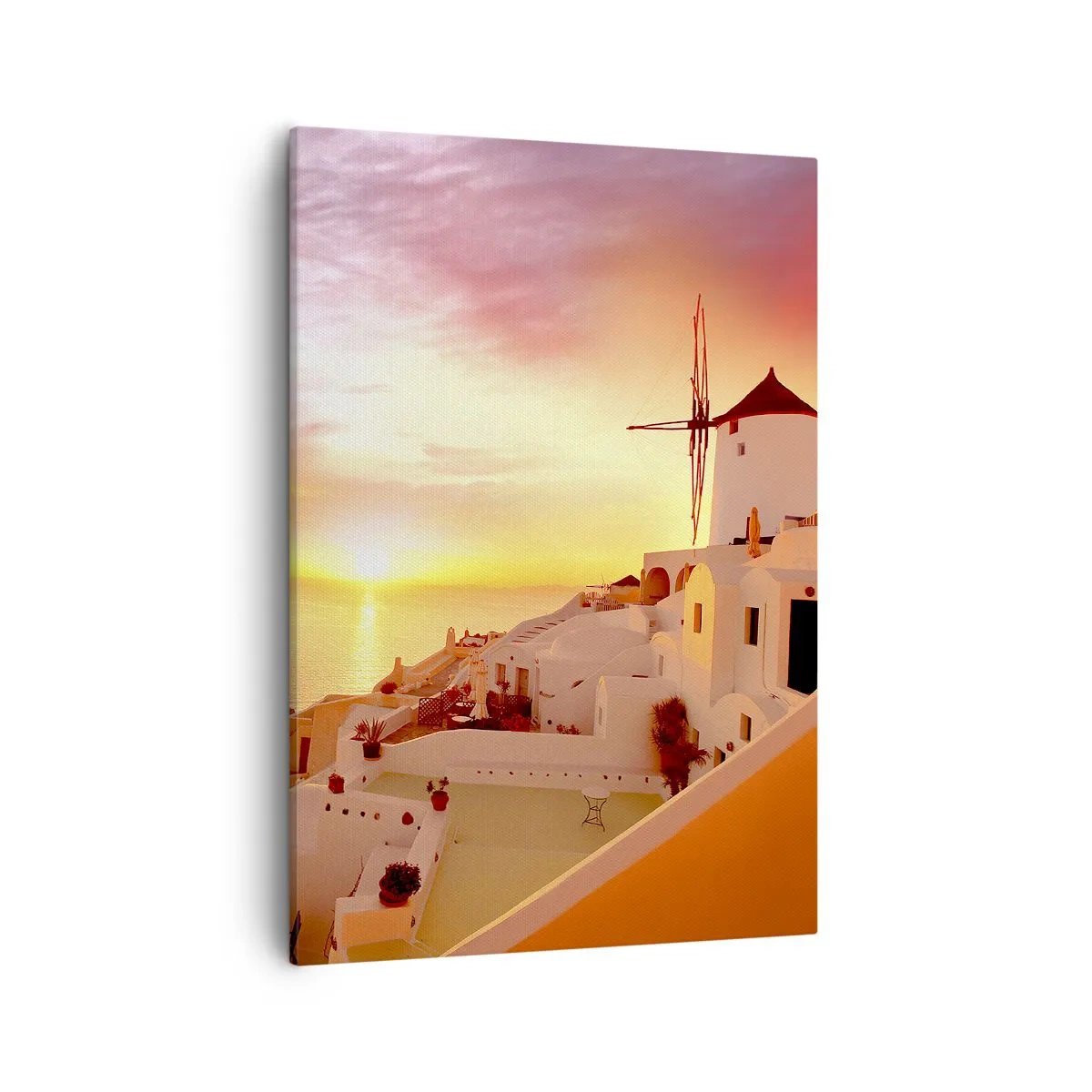 Quadro su tela - Stampe su Tela - Santorini al tramonto con un mulino a vento - 50x70cm - Sciogliersi nel bianco e nell'oro - Decorazione murale moderna per soggiorno e camera da letto ARTTOR