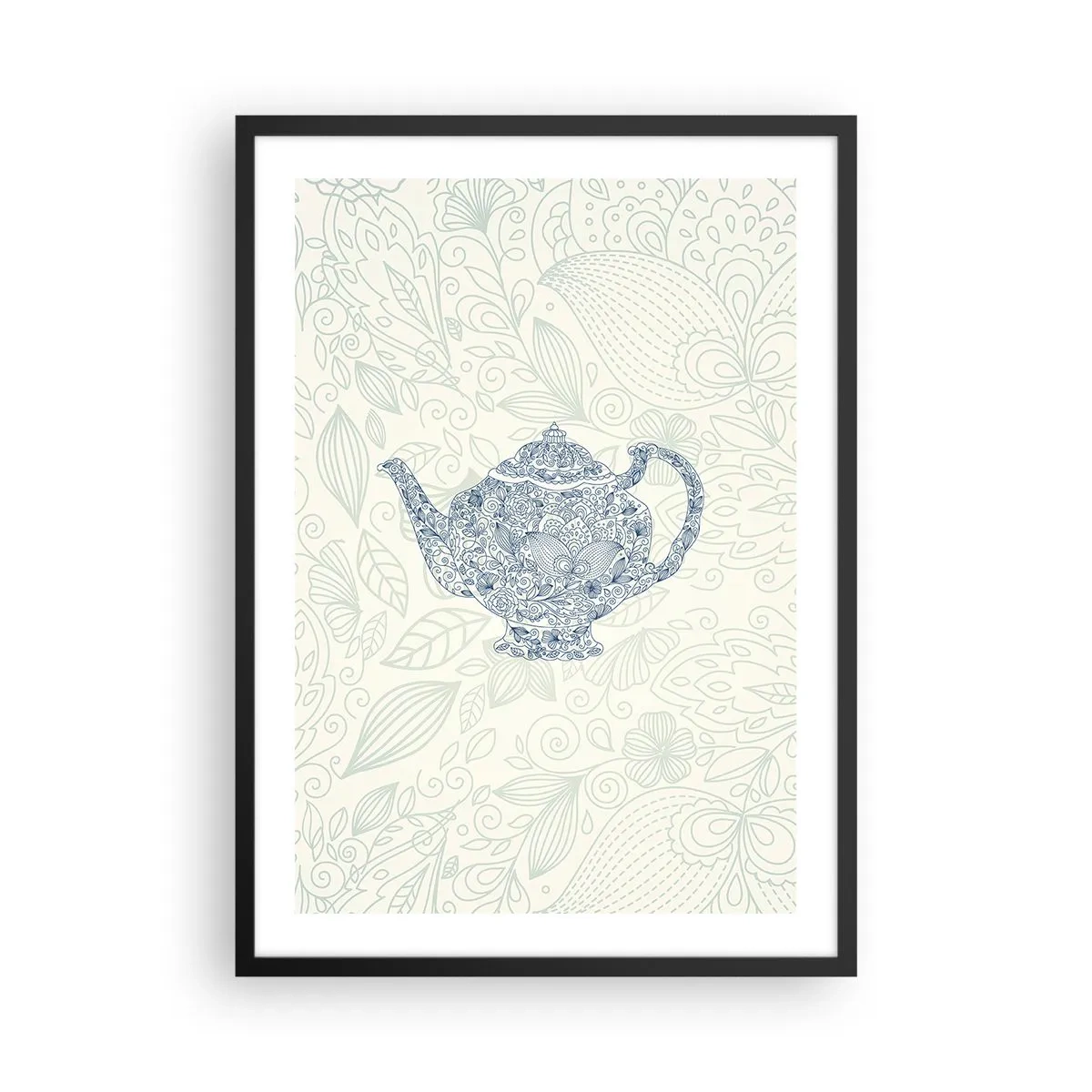 Poster in cornice nera - Illustrazione decorativa di una teiera con un motivo delicato su uno sfondo chiaro. - 50x70cm - Magia del tè - Decorazione murale moderna per soggiorno e camera da letto ARTTOR