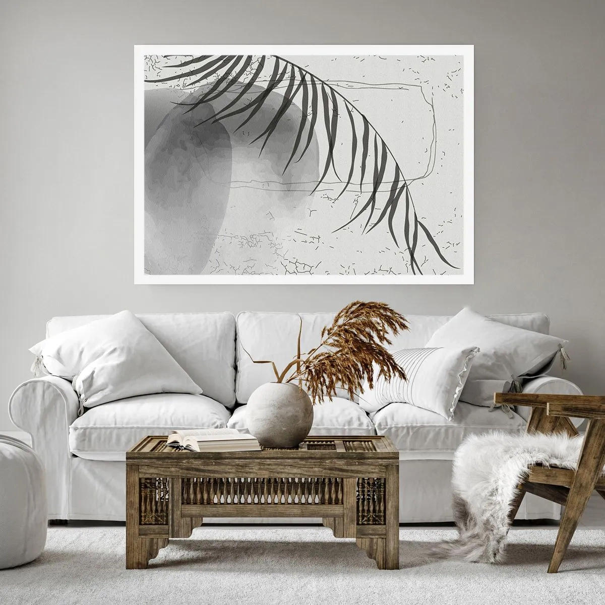 Poster - Un delicato motivo a foglie di palma su uno sfondo chiaro in stile scandinavo. - 100x70cm - La delicata esoticità della natura - Decorazione murale moderna per soggiorno e camera da letto ARTTOR