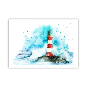 Poster - Un faro in un ambiente acquerello con uno sfondo blu - 100x70cm - L'unità dei quattro elementi - Decorazione murale moderna per soggiorno e camera da letto ARTTOR