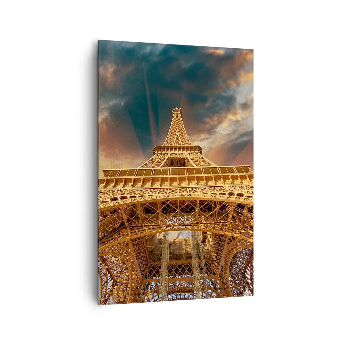 Quadro su tela - Stampe su Tela - La Torre Eiffel dal basso sullo sfondo del sole al tramonto - 80x120cm - Come gli uomini hanno raggiunto il cielo - Decorazione murale moderna per soggiorno e camera da letto ARTTOR