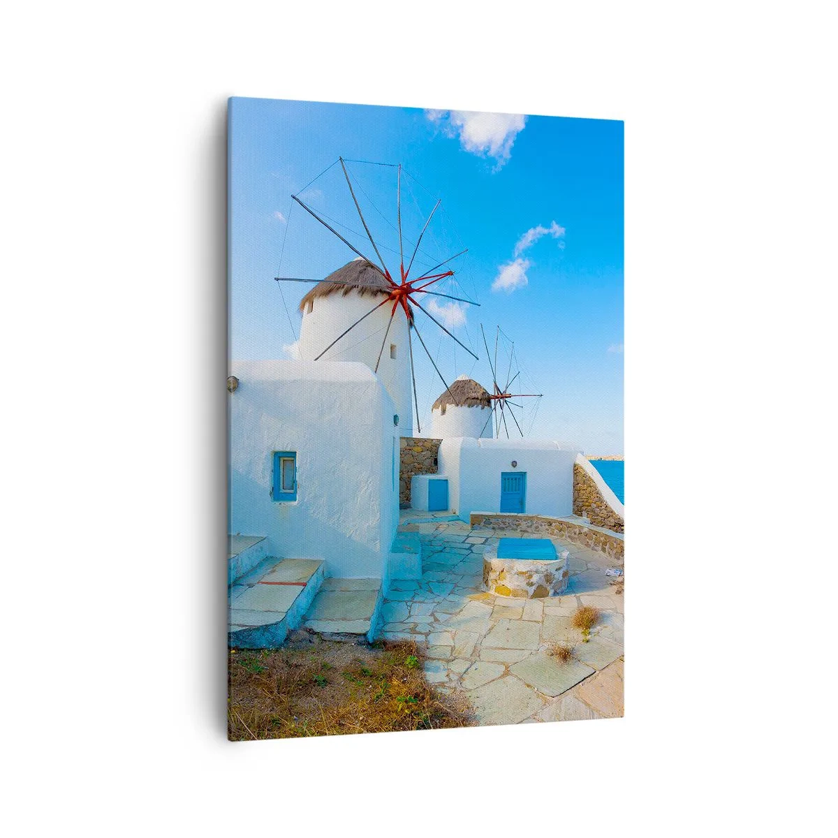 Quadro su tela - Stampe su Tela - Mulini a vento bianchi sulle rive del mare blu - 70x100cm - Vento azzurro sul mare - Decorazione murale moderna per soggiorno e camera da letto ARTTOR