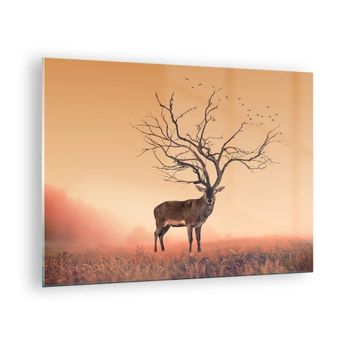 Quadro su vetro - Illustrazione di un cervo con un albero come corna - 70x50cm - L'Antico Cervo, eterno spirito del bosco - Decorazione murale moderna per soggiorno e camera da letto ARTTOR