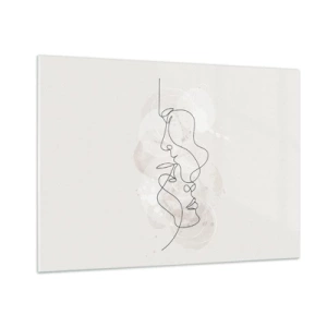 Quadro su vetro - Un disegno minimalista dei volti di due persone in un abbraccio sottile e sensuale. - 100x70cm - Intrecciati in un abbraccio - Decorazione murale moderna per soggiorno e camera da letto ARTTOR