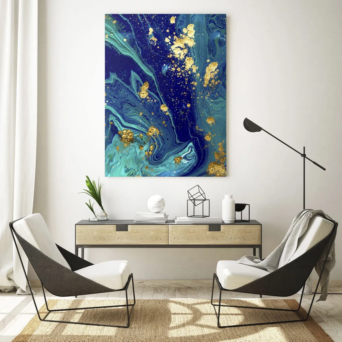 Quadro su vetro - Una composizione astratta con accenti blu, verdi e dorati. - 70x100cm - Petali di sole - Decorazione murale moderna per soggiorno e camera da letto ARTTOR