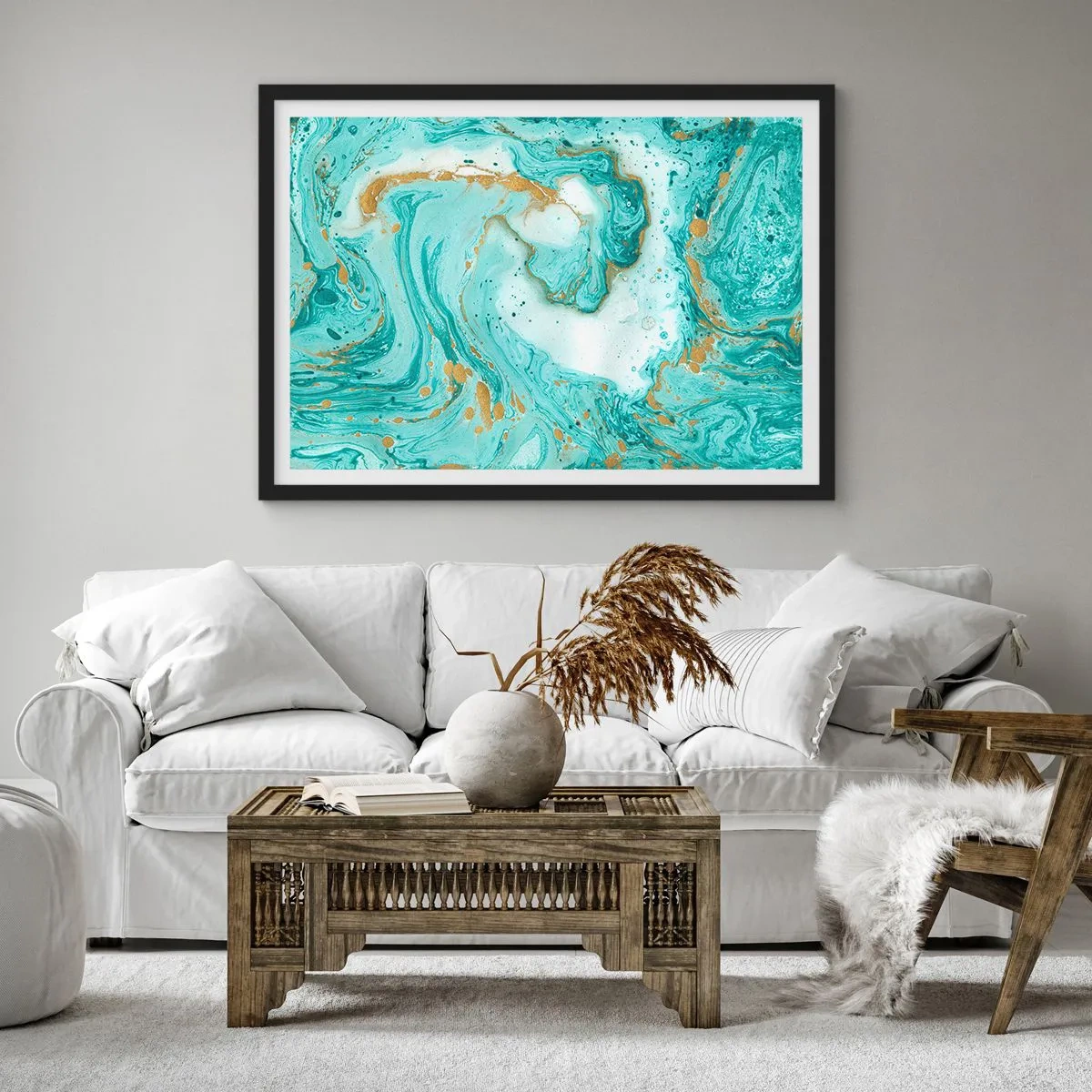 Poster in cornice nera - Marmo turchese con accenti dorati in una composizione astratta - 70x50cm - La grande onda del periodo Edo - Decorazione murale moderna per soggiorno e camera da letto ARTTOR