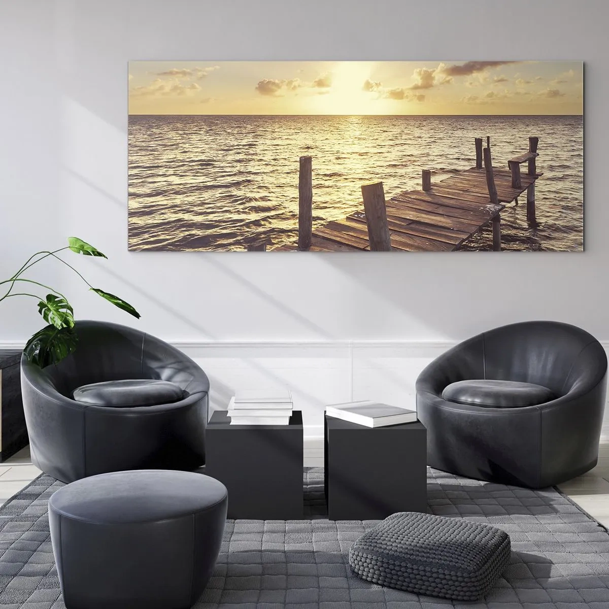 Quadro su vetro - Un molo di legno che conduce verso il tramonto - 120x50cm - Il paese dorato della mitezza - Decorazione murale moderna per soggiorno e camera da letto ARTTOR